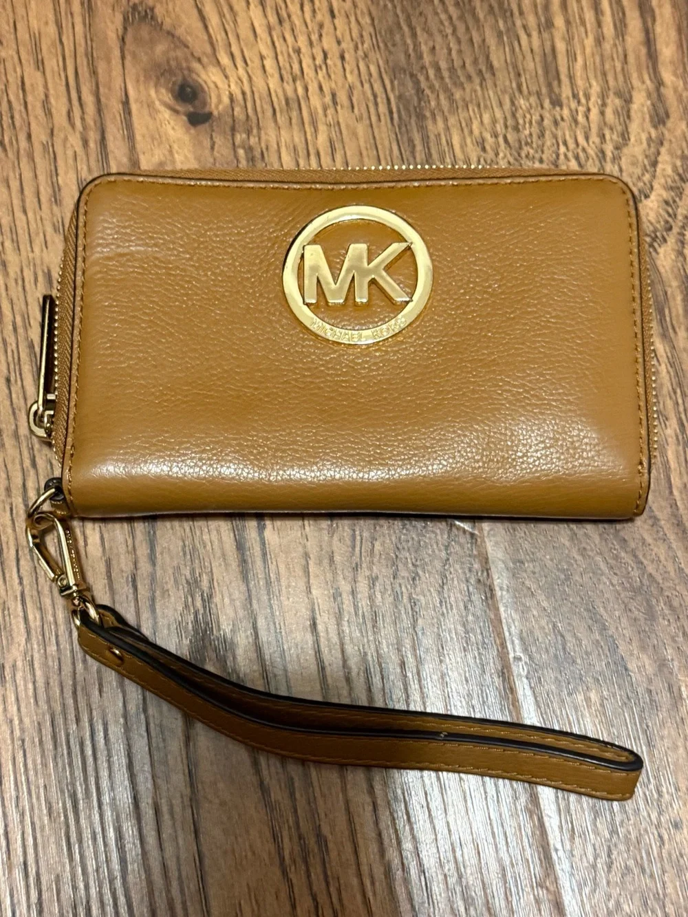 Michael Kors Tan Brown Leather MK Logo Zip Wristlet